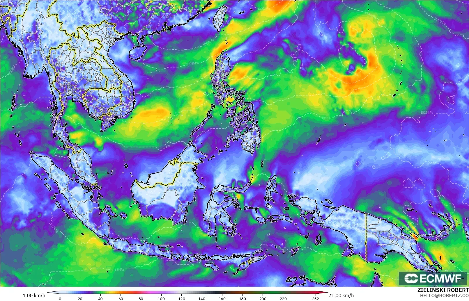 ECMWF IFS 0.25° model - South East Asia, Wind Gusts