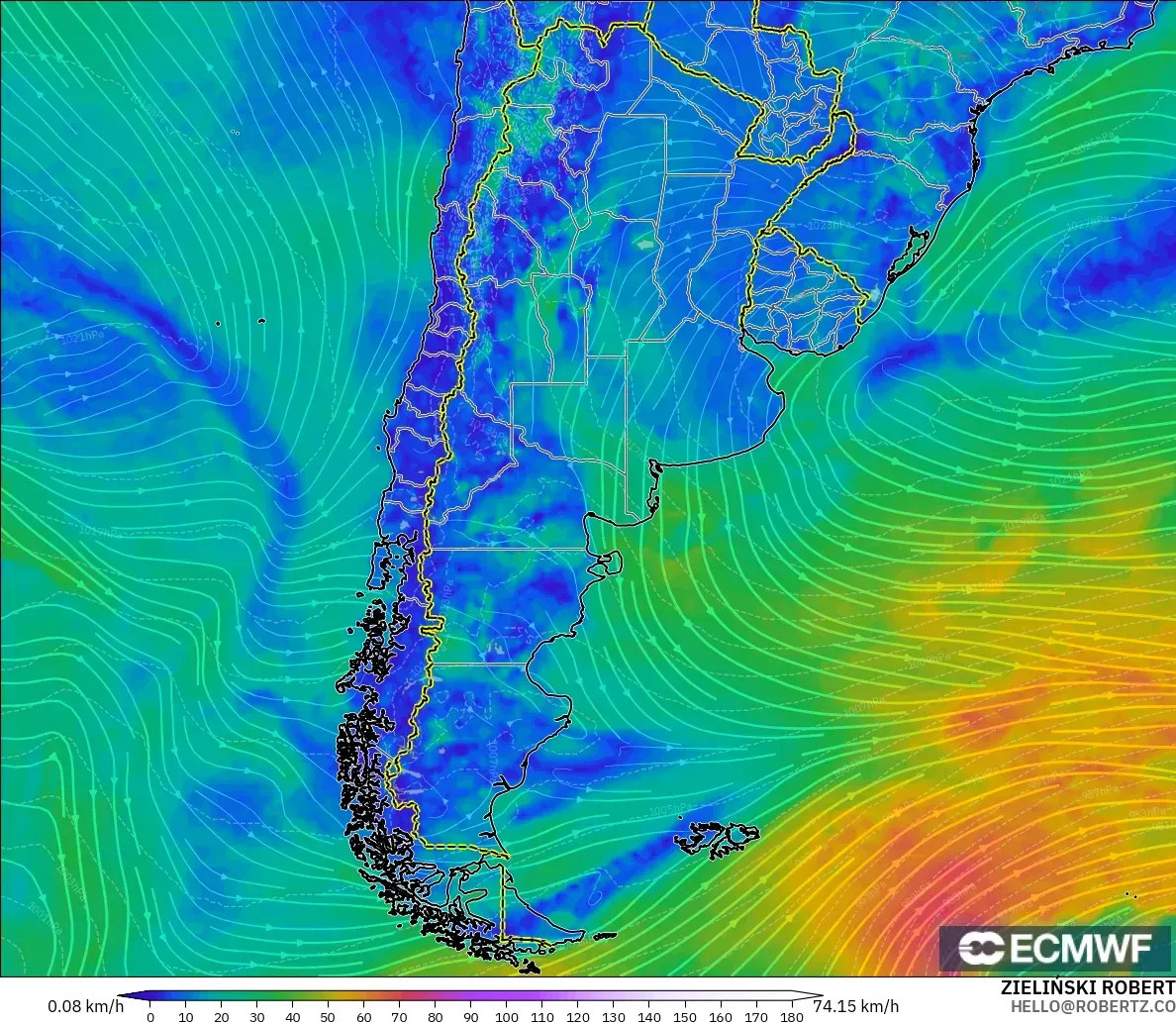 ECMWF IFS 0.25° model - Argentina, Wind at 10m