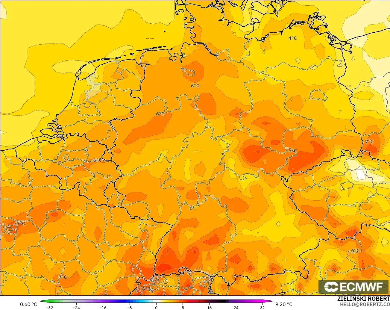 ECMWF IFS 0.25° model - Germany, Temperature at 2m Anomaly