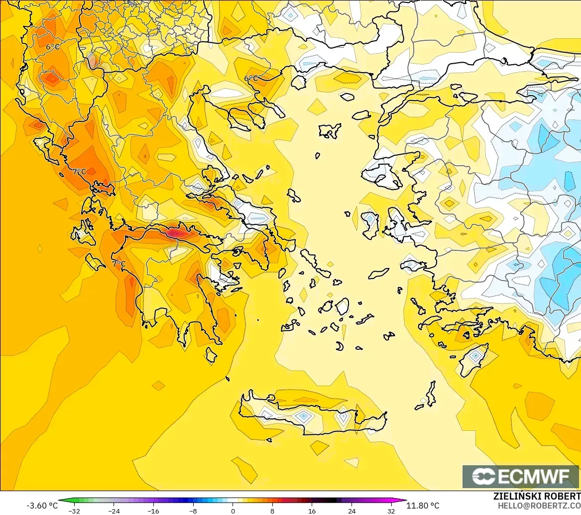 ECMWF IFS 0.25° model - Greece, Temperature at 2m Anomaly