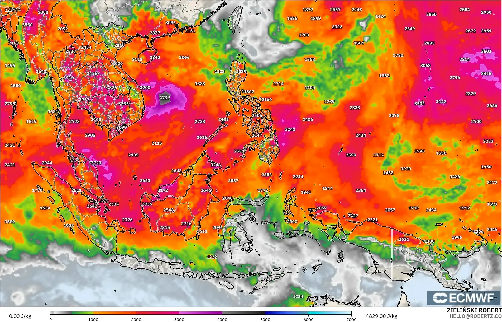 ECMWF IFS 0.25° model - South East Asia, CAPE