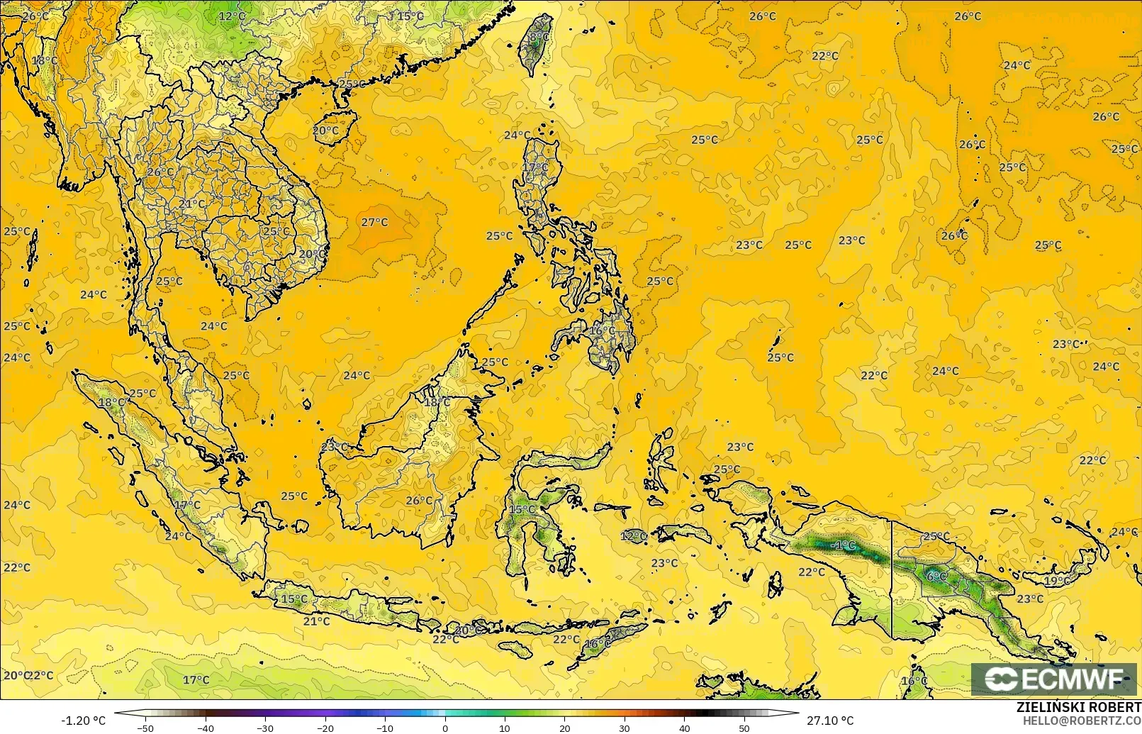 ECMWF IFS 0.25° model - South East Asia, Dewpoint at 2m