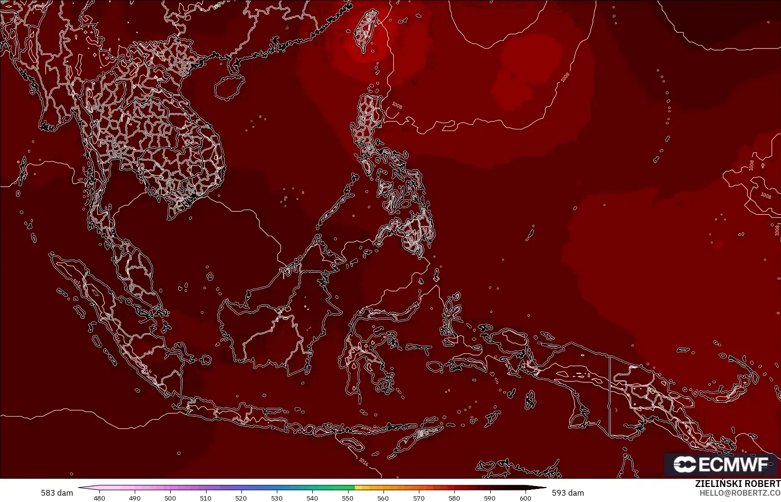 ECMWF IFS 0.25° model - South East Asia, Geopotential height at 500hPa