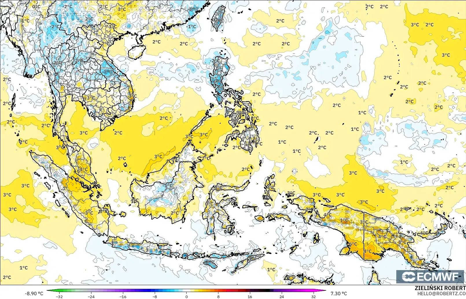 ECMWF IFS 0.25° model - South East Asia, Temperature at 2m Anomaly