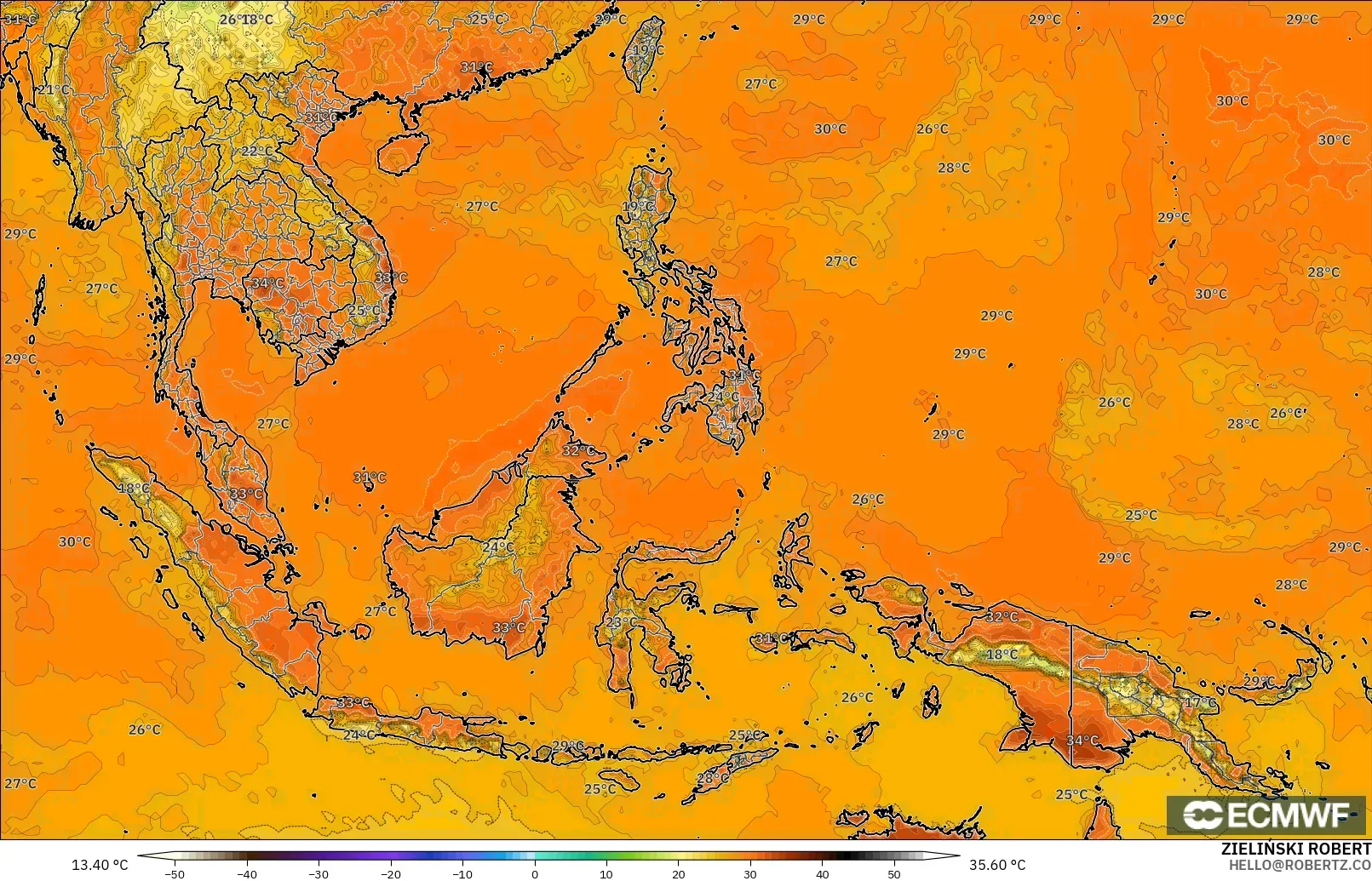 ECMWF IFS 0.25° model - South East Asia, Temperature at 2m