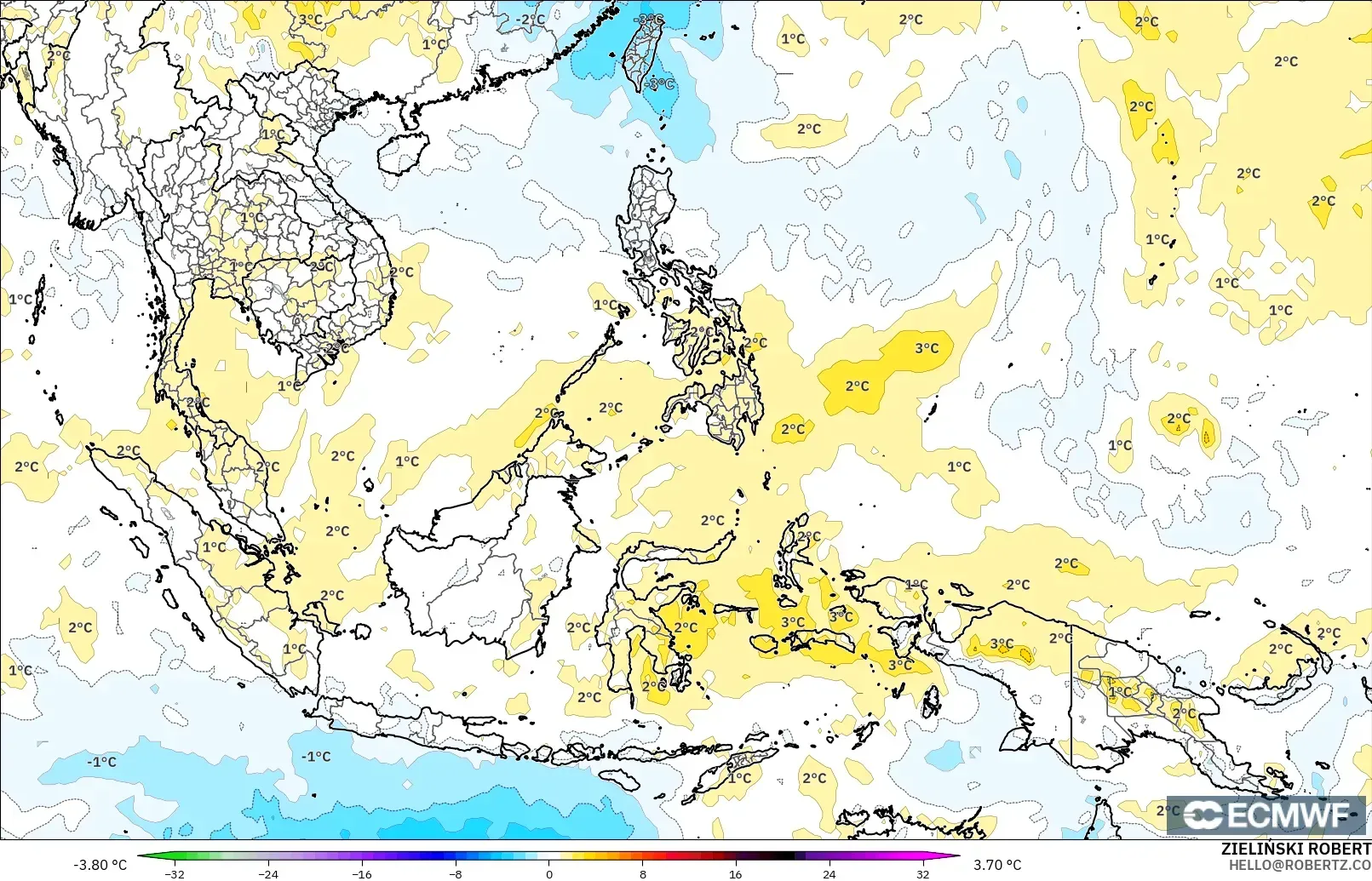 ECMWF IFS 0.25° model - South East Asia, Temperature at 850hPa Anomaly