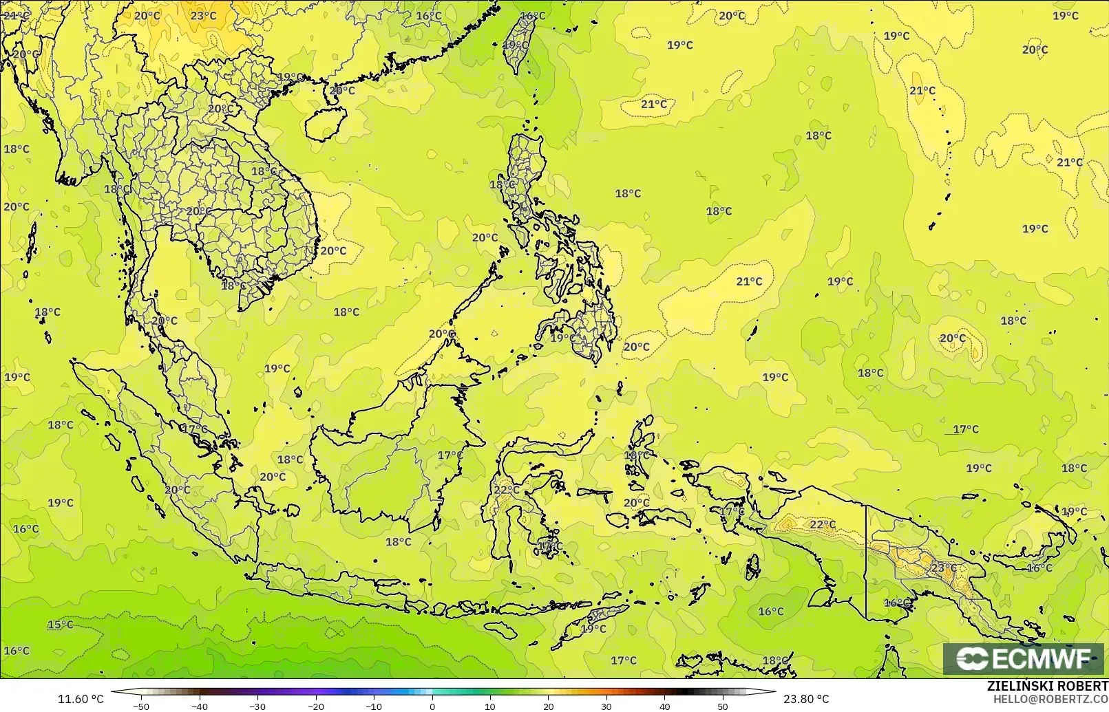 ECMWF IFS 0.25° model - South East Asia, Temperature at 850hPa