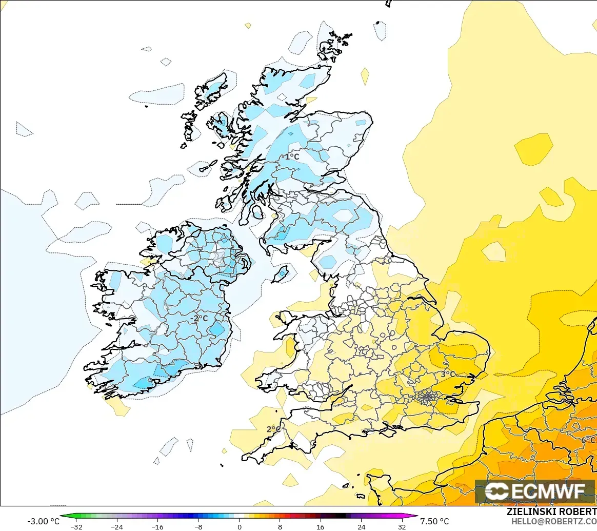 ECMWF IFS 0.25° model - United Kingdom, Temperature at 2m Anomaly