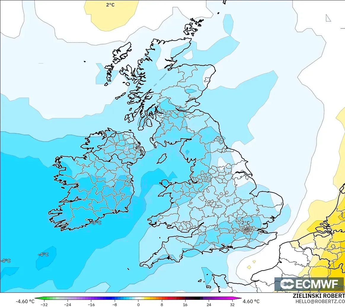 ECMWF IFS 0.25° model - United Kingdom, Temperature at 850hPa Anomaly