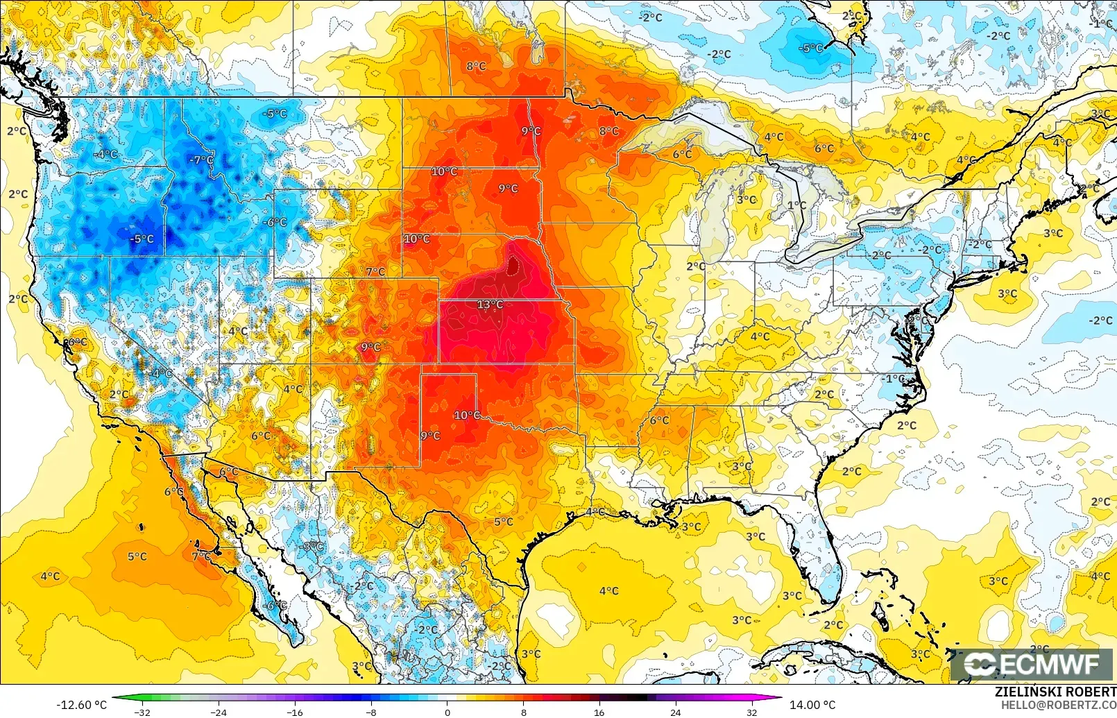 ECMWF IFS 0.25° model - United States, Temperature at 2m Anomaly