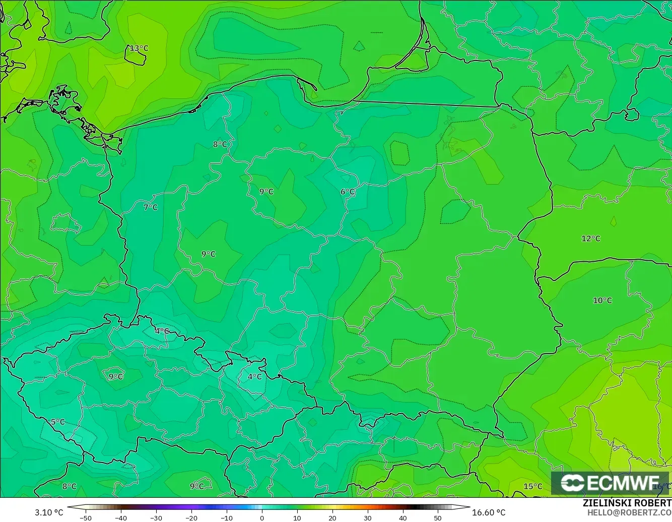 ECMWF IFS 0.25° model - Poland, Dewpoint at 2m