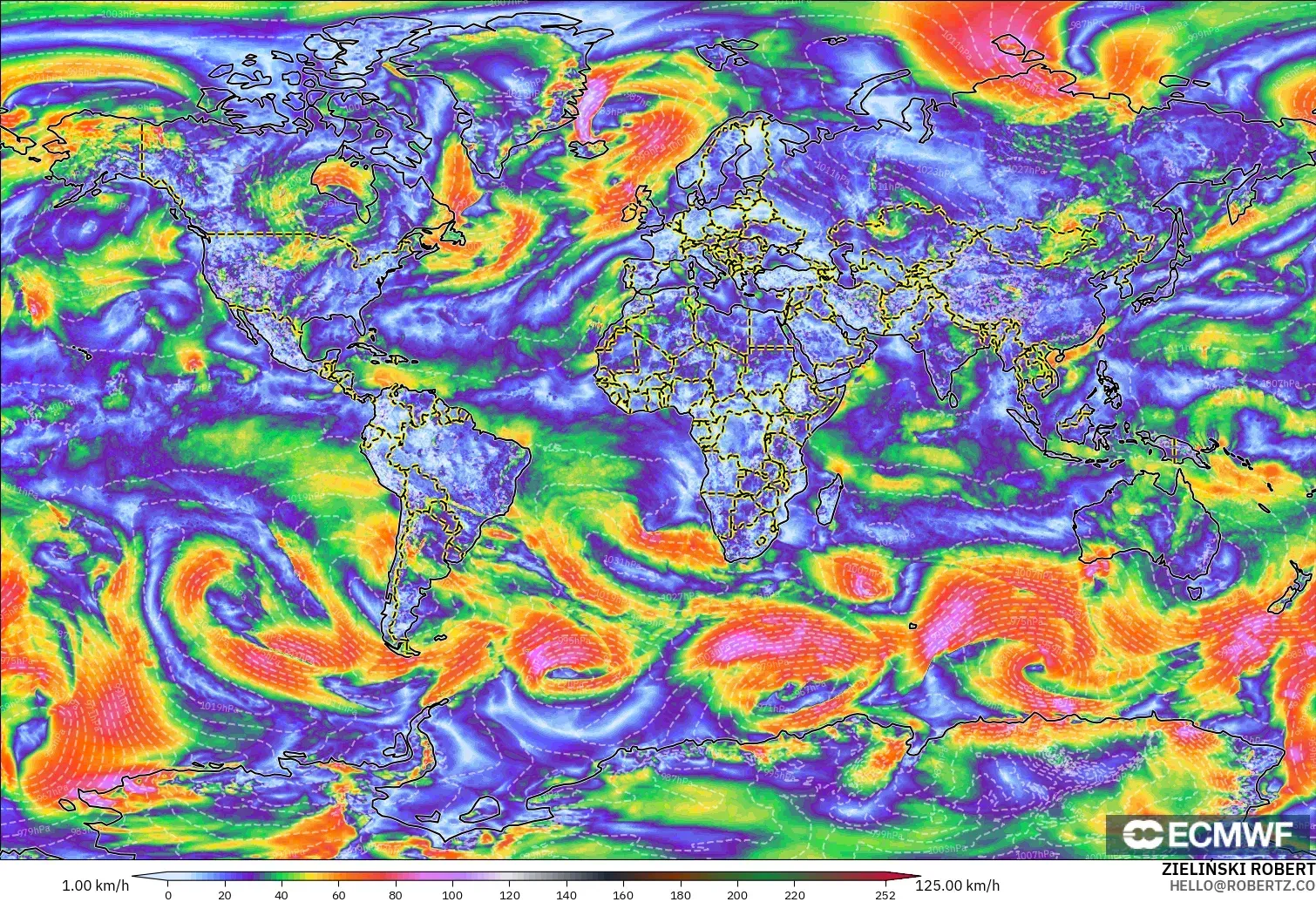 ECMWF IFS 0.25° model - World, Wind Gusts Peak