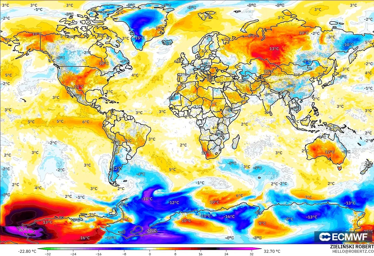 ECMWF IFS 0.25° model - World, Temperature at 2m Anomaly