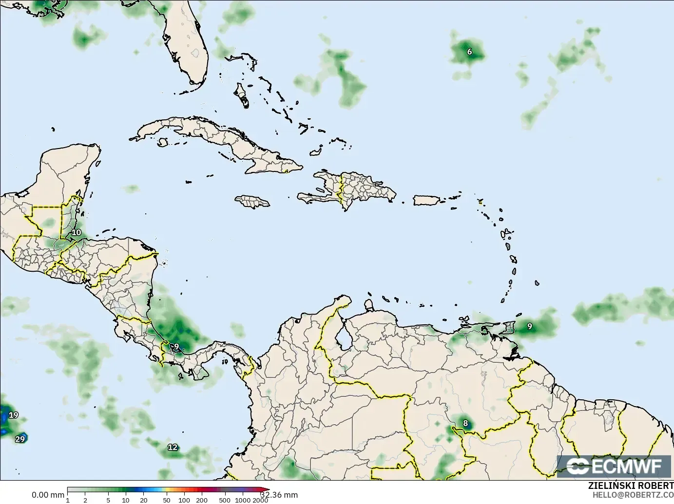 ECMWF IFS 0.25° model - Caribbean, Precipitation Accumulation