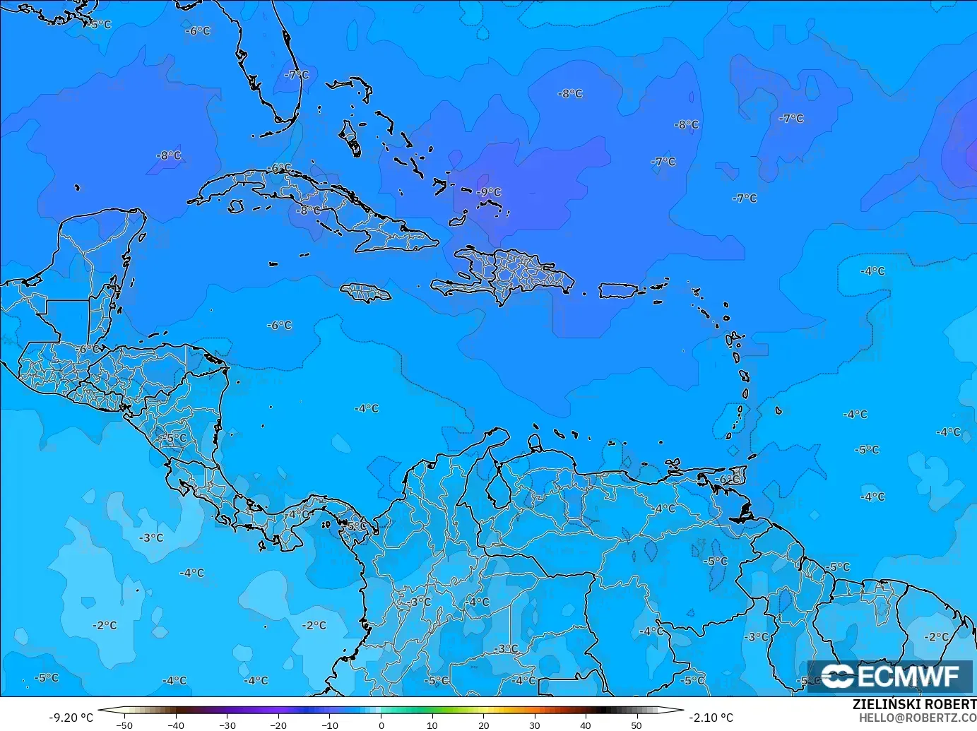 ECMWF IFS 0.25° model - Caribbean, Temperature at 500hPa