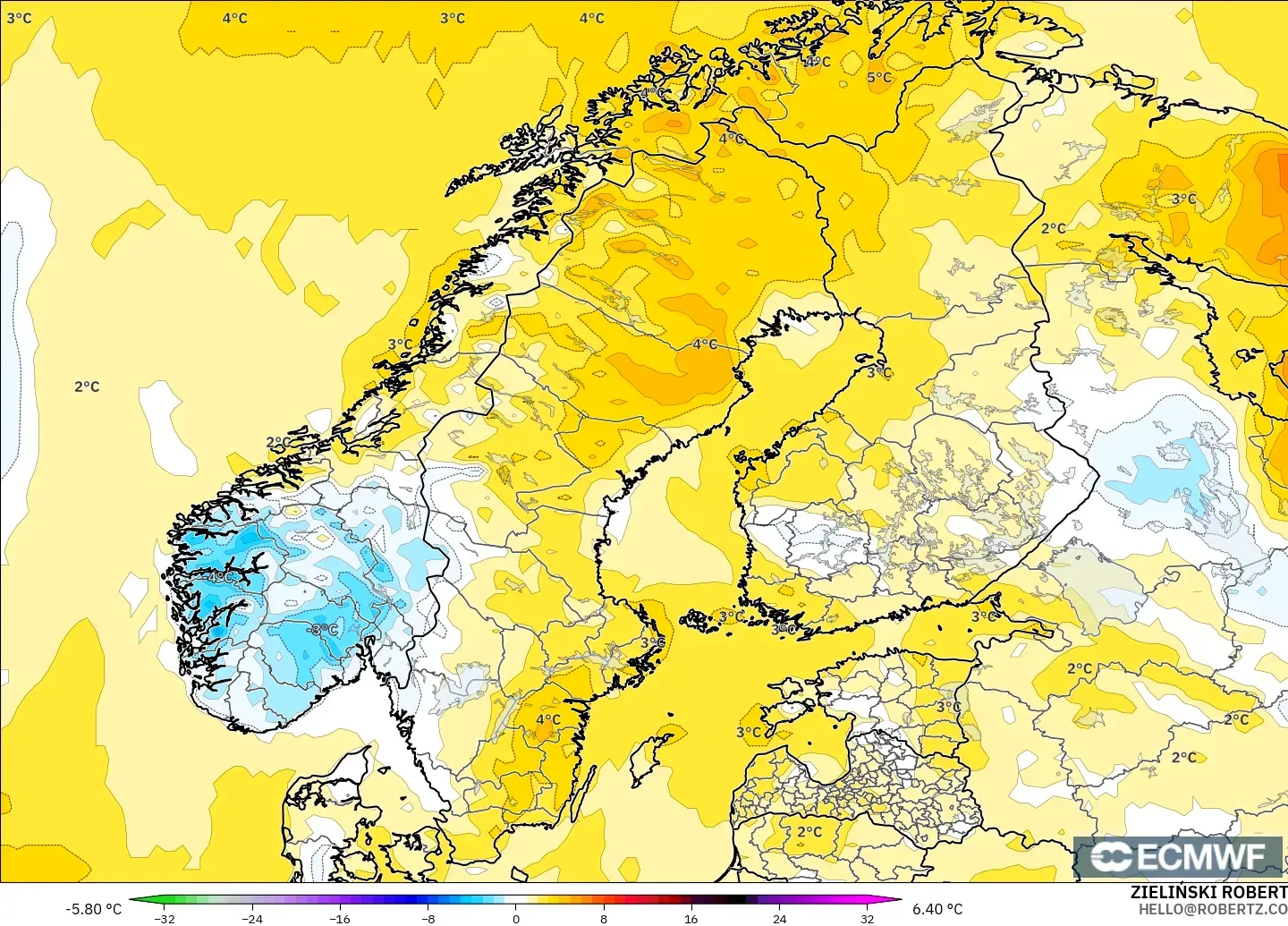ECMWF IFS 0.25° model - Scandinavia, Temperature at 2m Anomaly