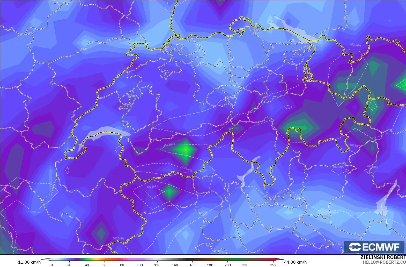 ECMWF IFS 0.25° model - Switzerland, Wind Gusts