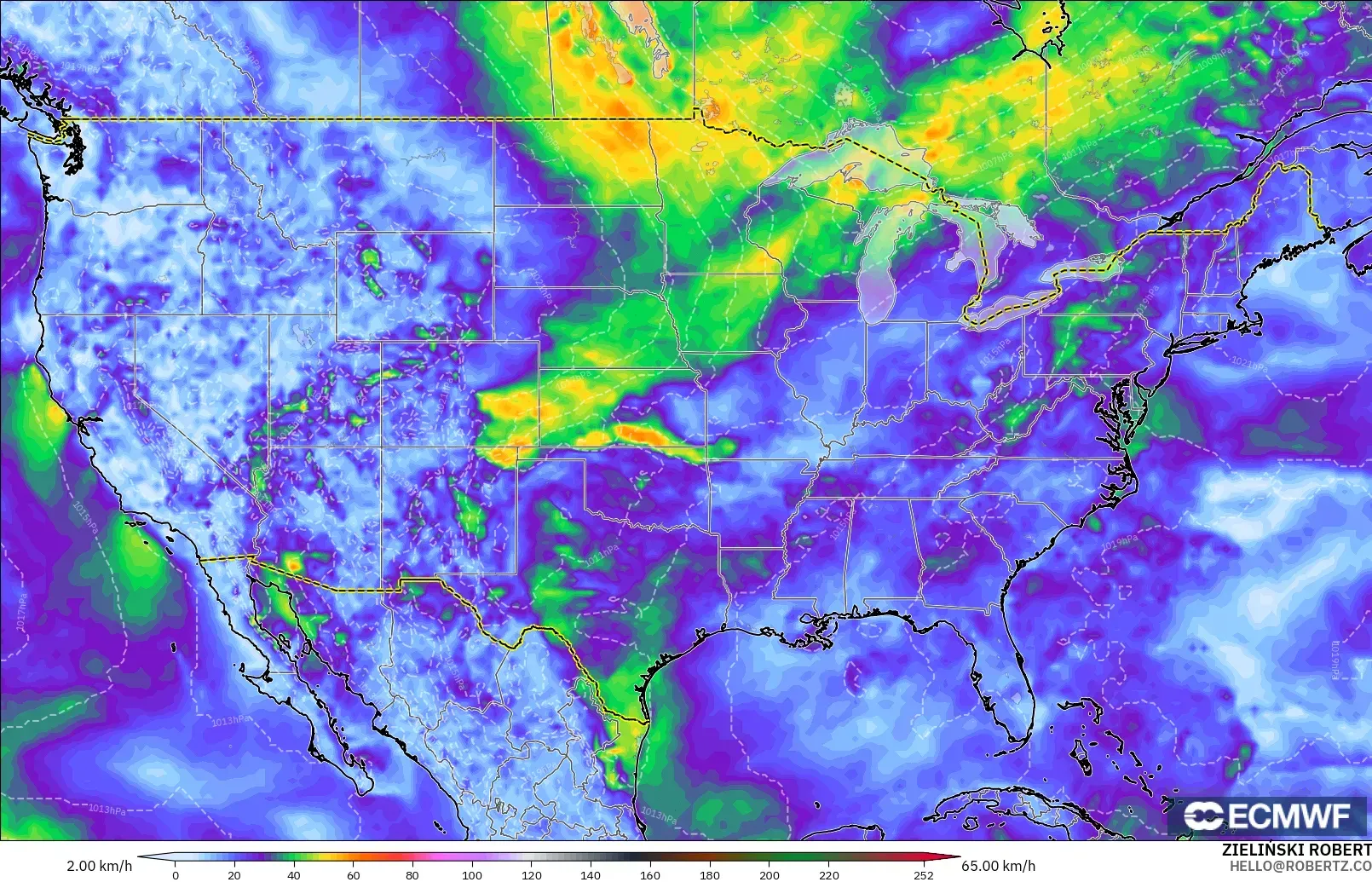 ECMWF IFS 0.25° model - United States, Wind Gusts Peak