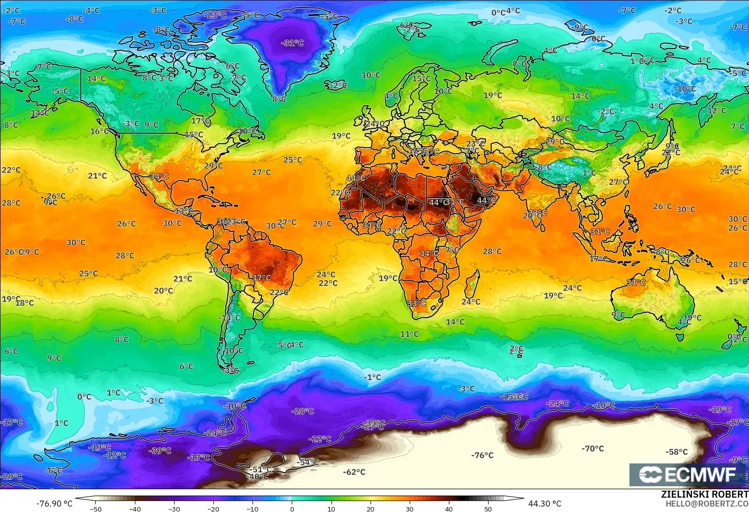 ECMWF IFS 0.25° model - World, Temperature at 2m