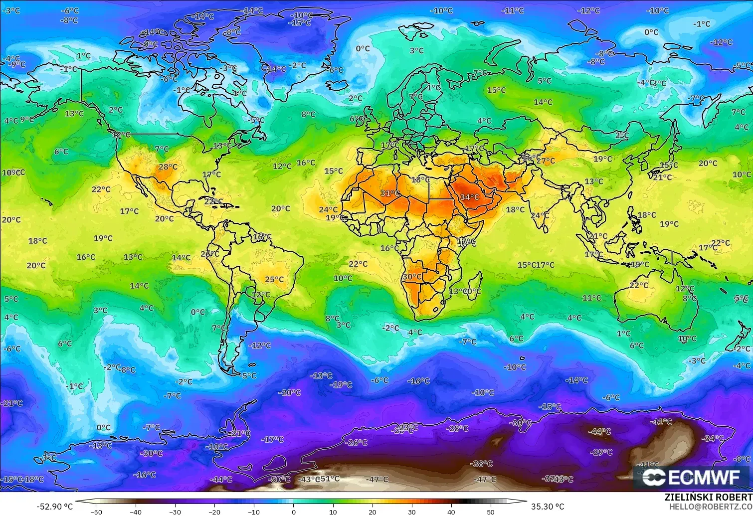 ECMWF IFS 0.25° model - World, Temperature at 850hPa