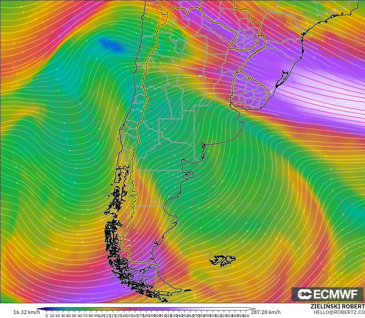 ECMWF IFS 0.25° model - Argentina, Wind at 300hPa (jet stream)