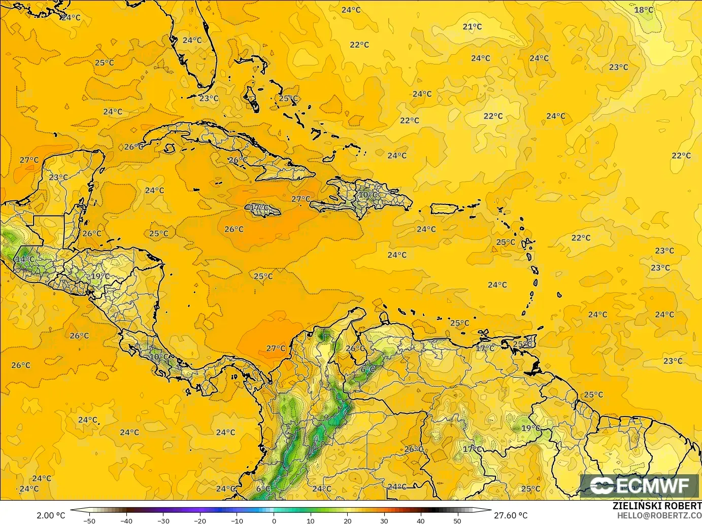 ECMWF IFS 0.25° model - Caribbean, Dewpoint at 2m