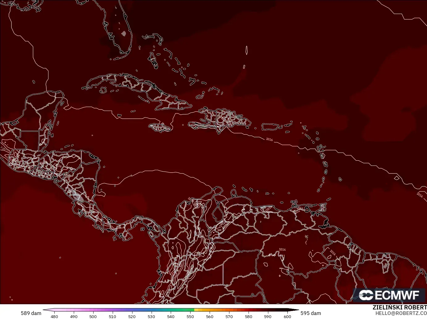 ECMWF IFS 0.25° model - Caribbean, Geopotential height at 500hPa