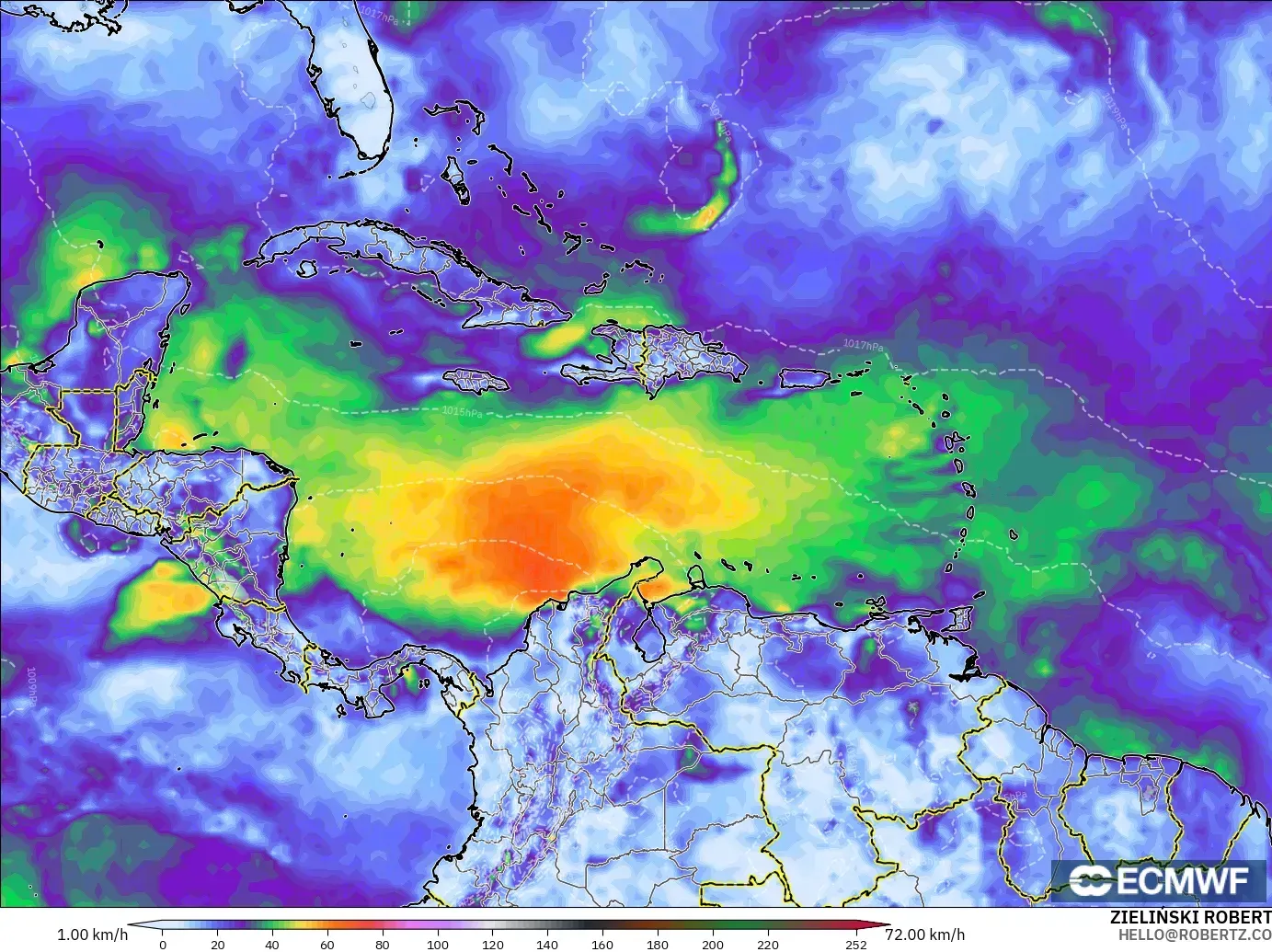 ECMWF IFS 0.25° model - Caribbean, Wind Gusts Peak