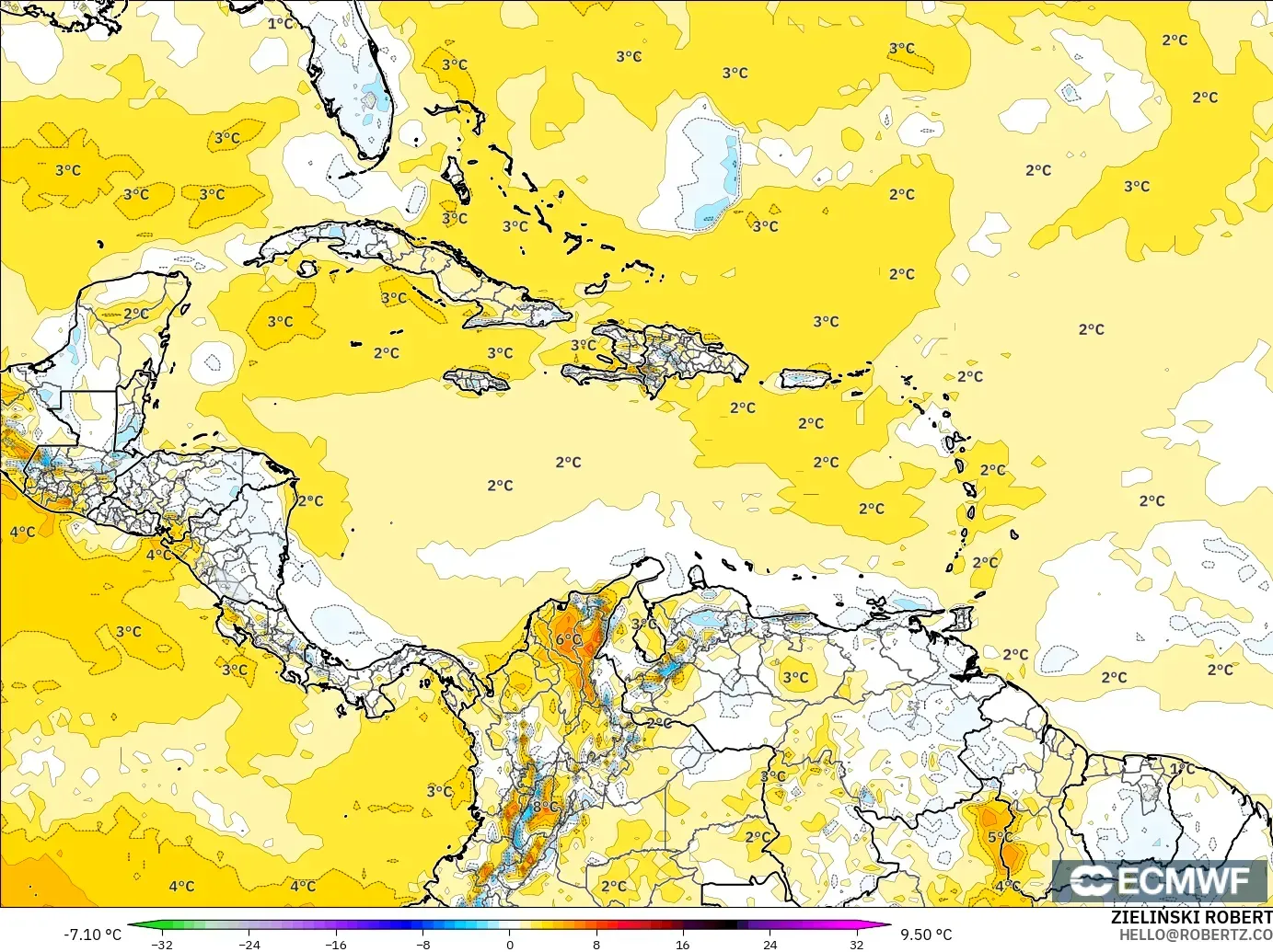 ECMWF IFS 0.25° model - Caribbean, Temperature at 2m Anomaly