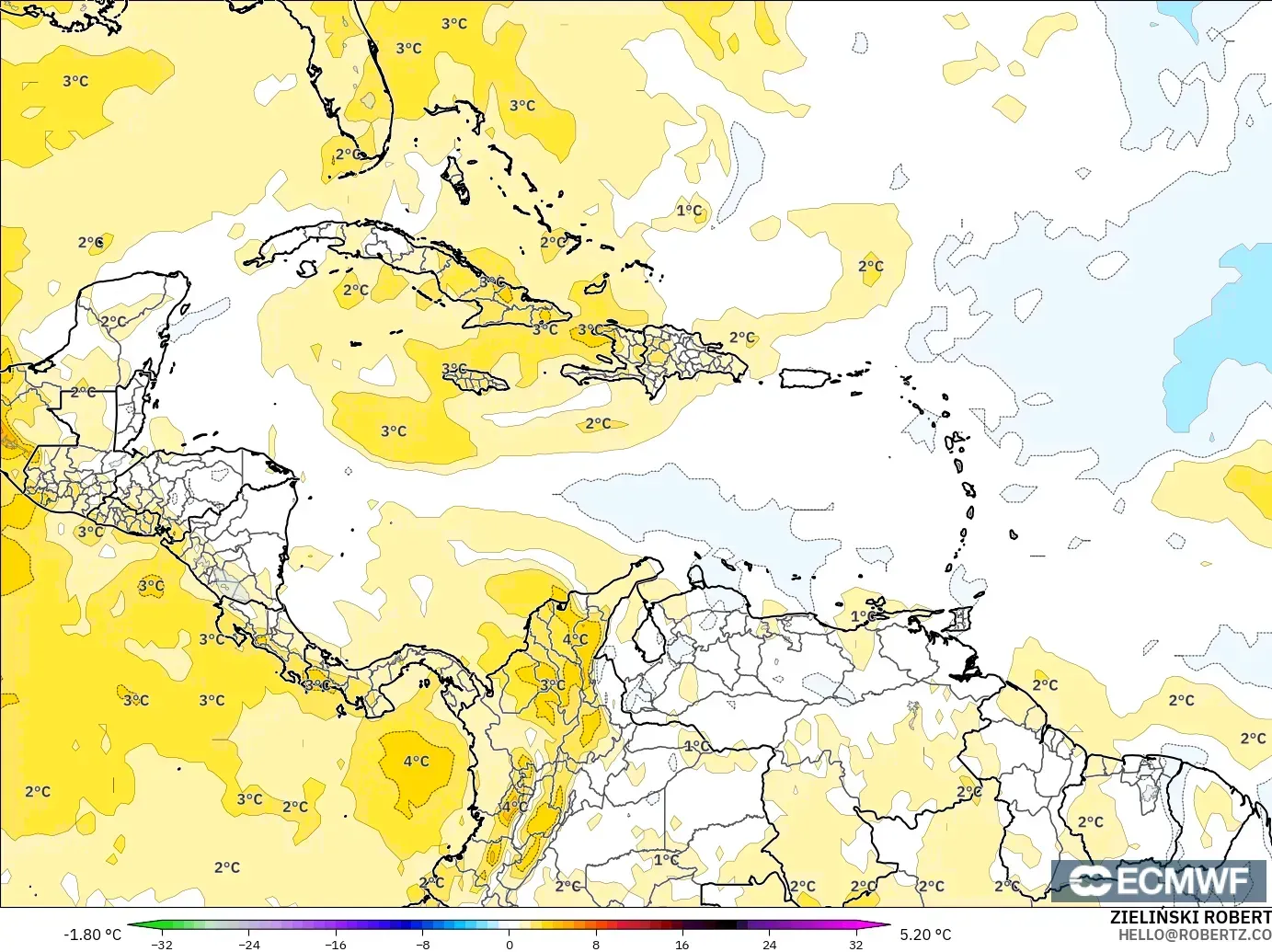 ECMWF IFS 0.25° model - Caribbean, Temperature at 850hPa Anomaly