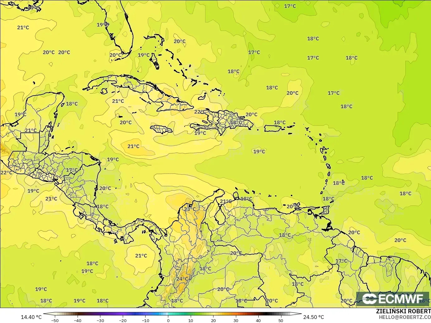 ECMWF IFS 0.25° model - Caribbean, Temperature at 850hPa