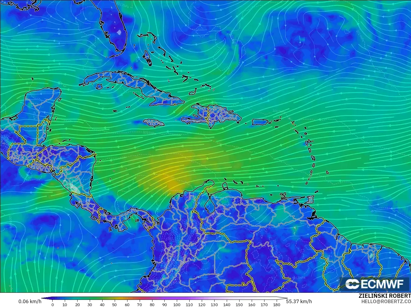 ECMWF IFS 0.25° model - Caribbean, Wind at 10m