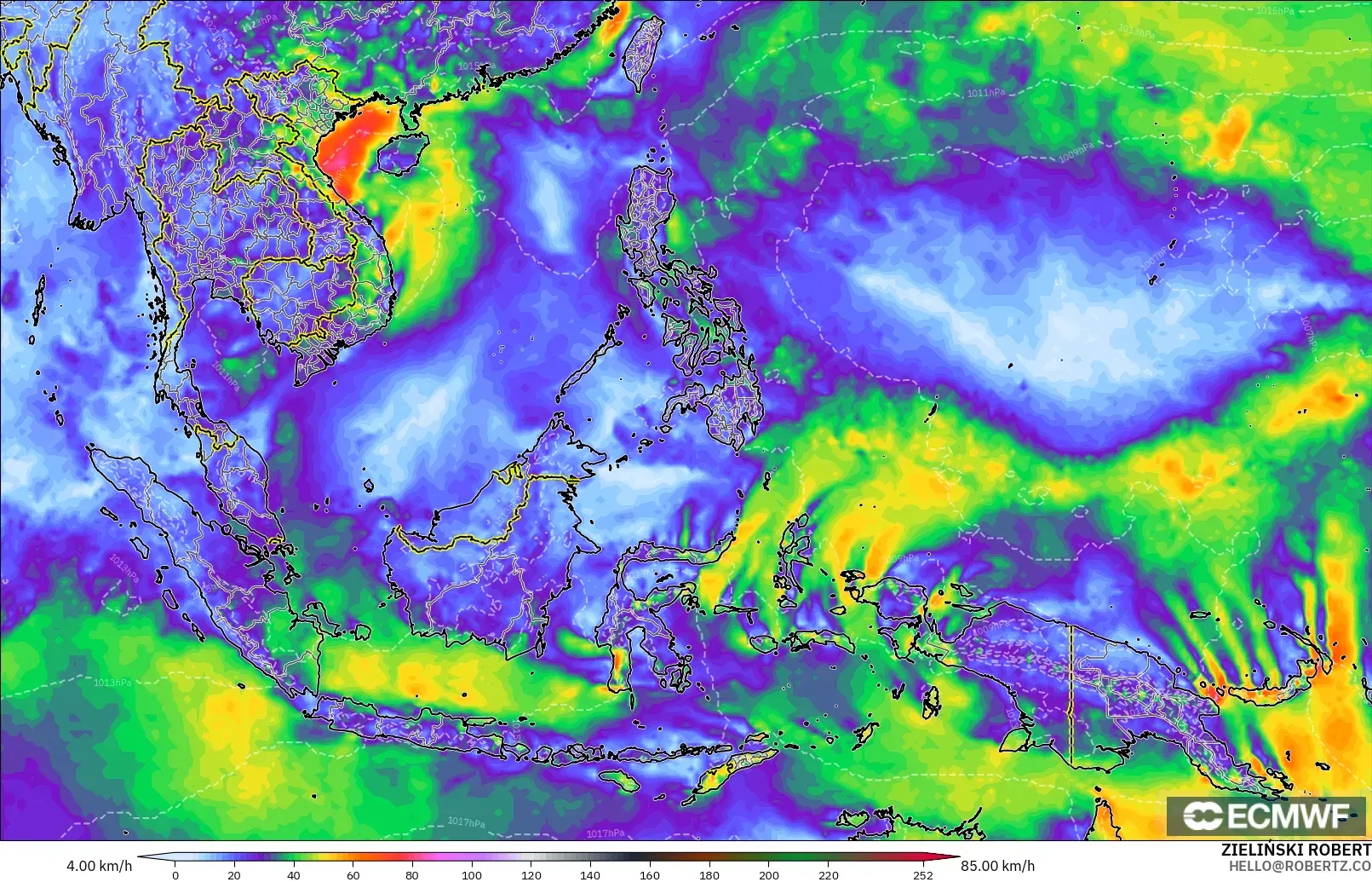 ECMWF IFS 0.25° model - South East Asia, Wind Gusts Peak