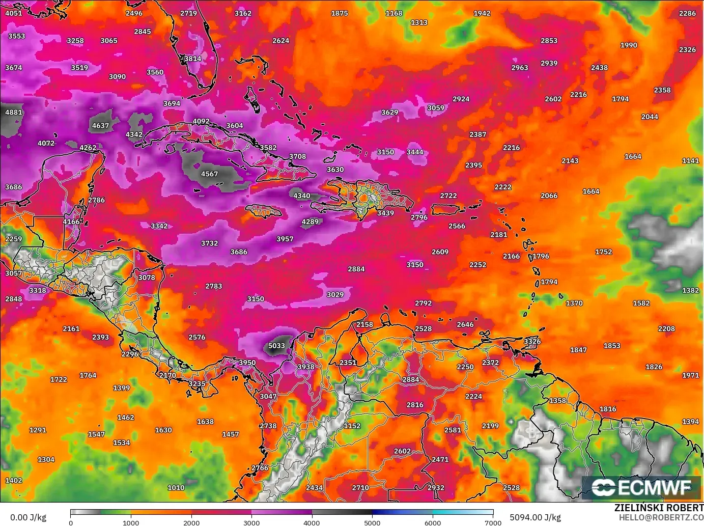 ECMWF IFS 0.25° model - Caribbean, CAPE