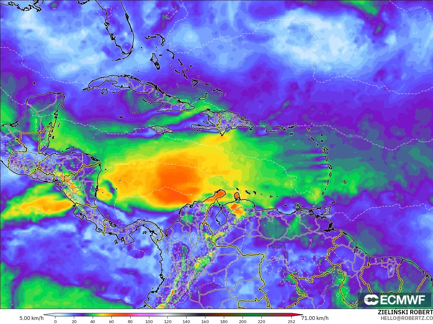 ECMWF IFS 0.25° model - Caribbean, Wind Gusts