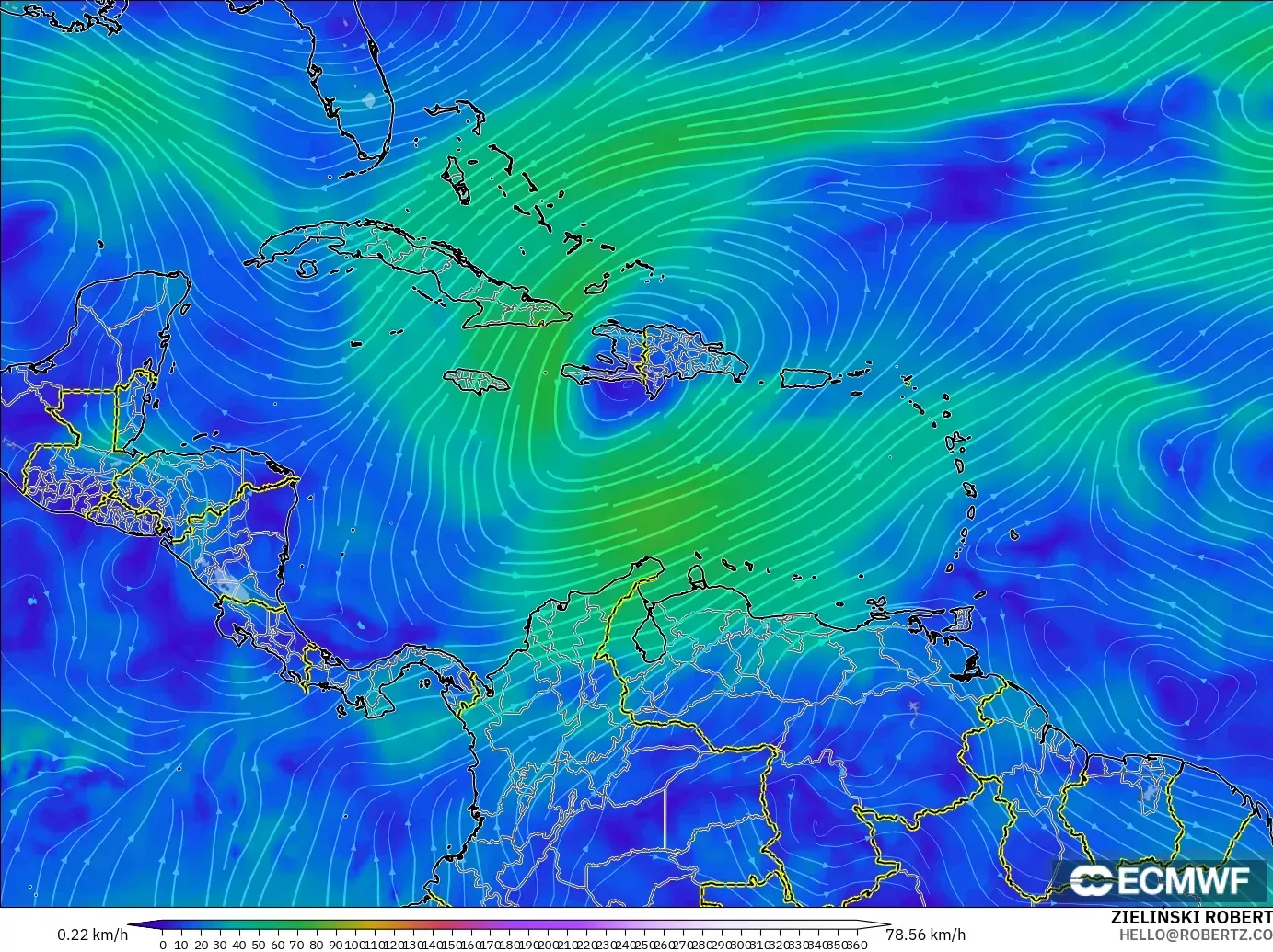 ECMWF IFS 0.25° model - Caribbean, Wind at 300hPa (jet stream)