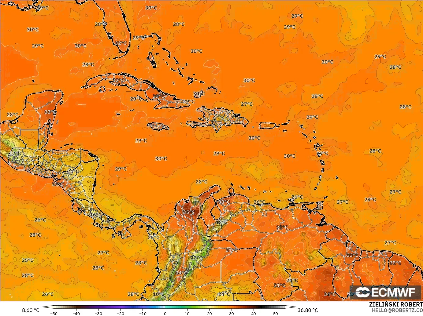 ECMWF IFS 0.25° model - Caribbean, Temperature at 2m