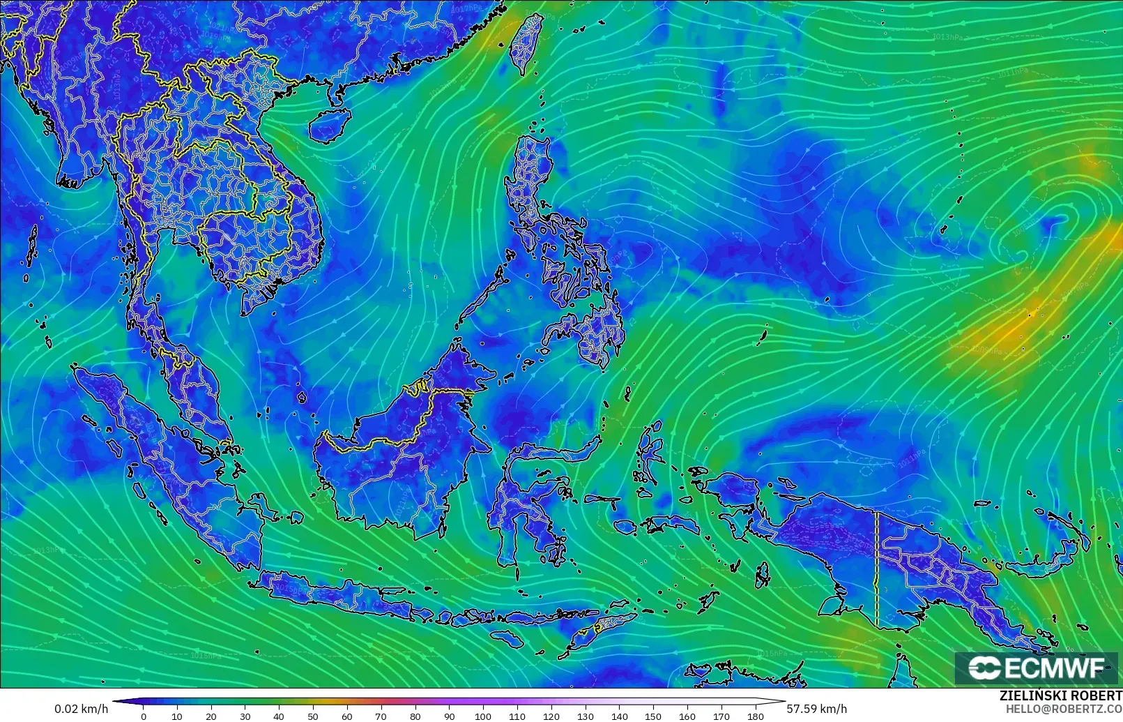 ECMWF IFS 0.25° model - South East Asia, Wind at 10m