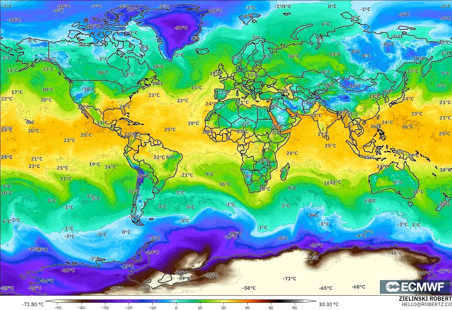 ECMWF IFS 0.25° model - World, Dewpoint at 2m