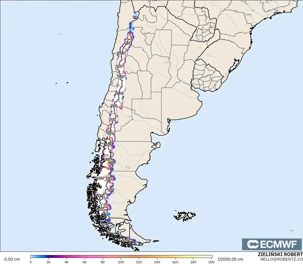 ECMWF IFS 0.25° model - Argentina, Snow Depth