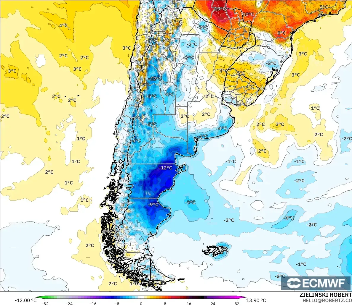 ECMWF IFS 0.25° model - Argentina, Temperature at 2m Anomaly