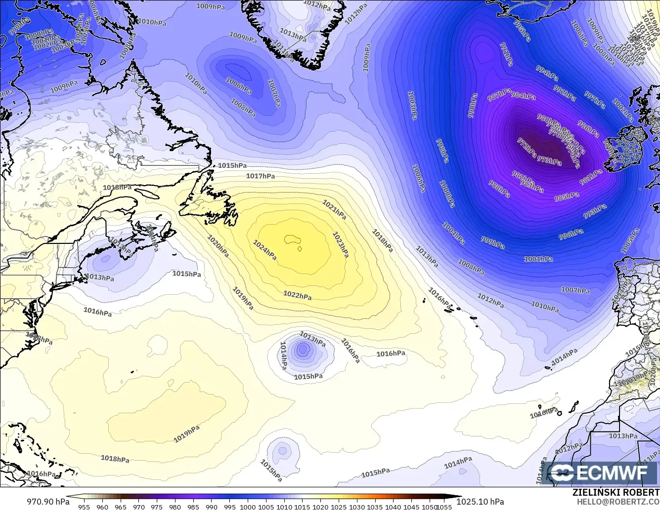ECMWF IFS 0.25° model - North Atlantic, Pressure