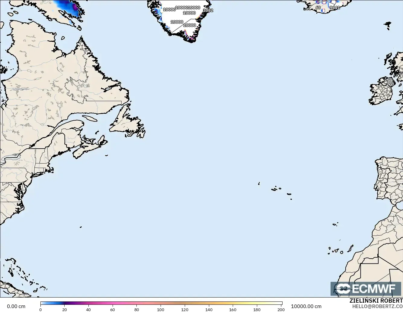 ECMWF IFS 0.25° model - North Atlantic, Snow Depth