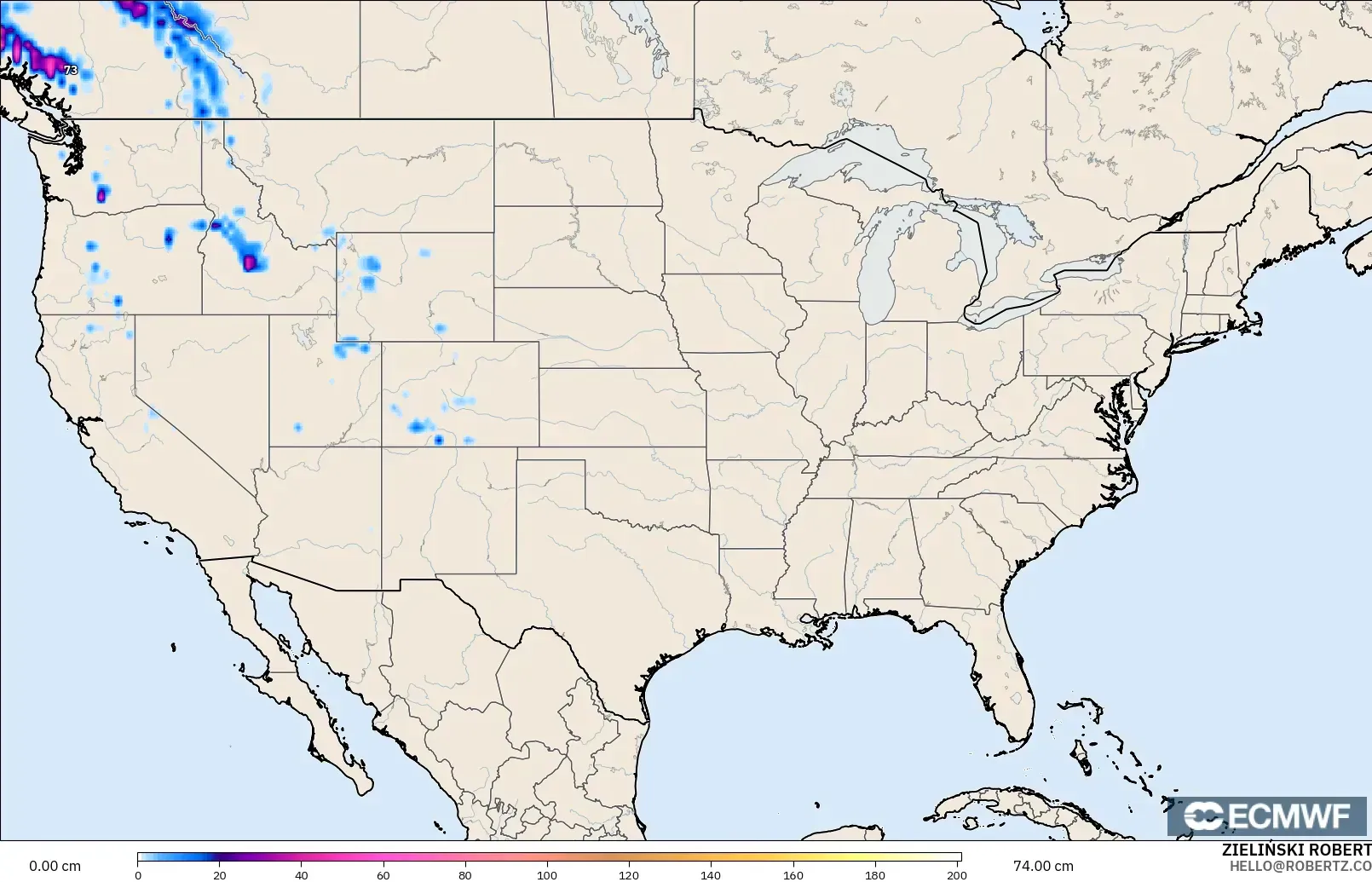 ECMWF IFS 0.25° model - United States, Snow Depth