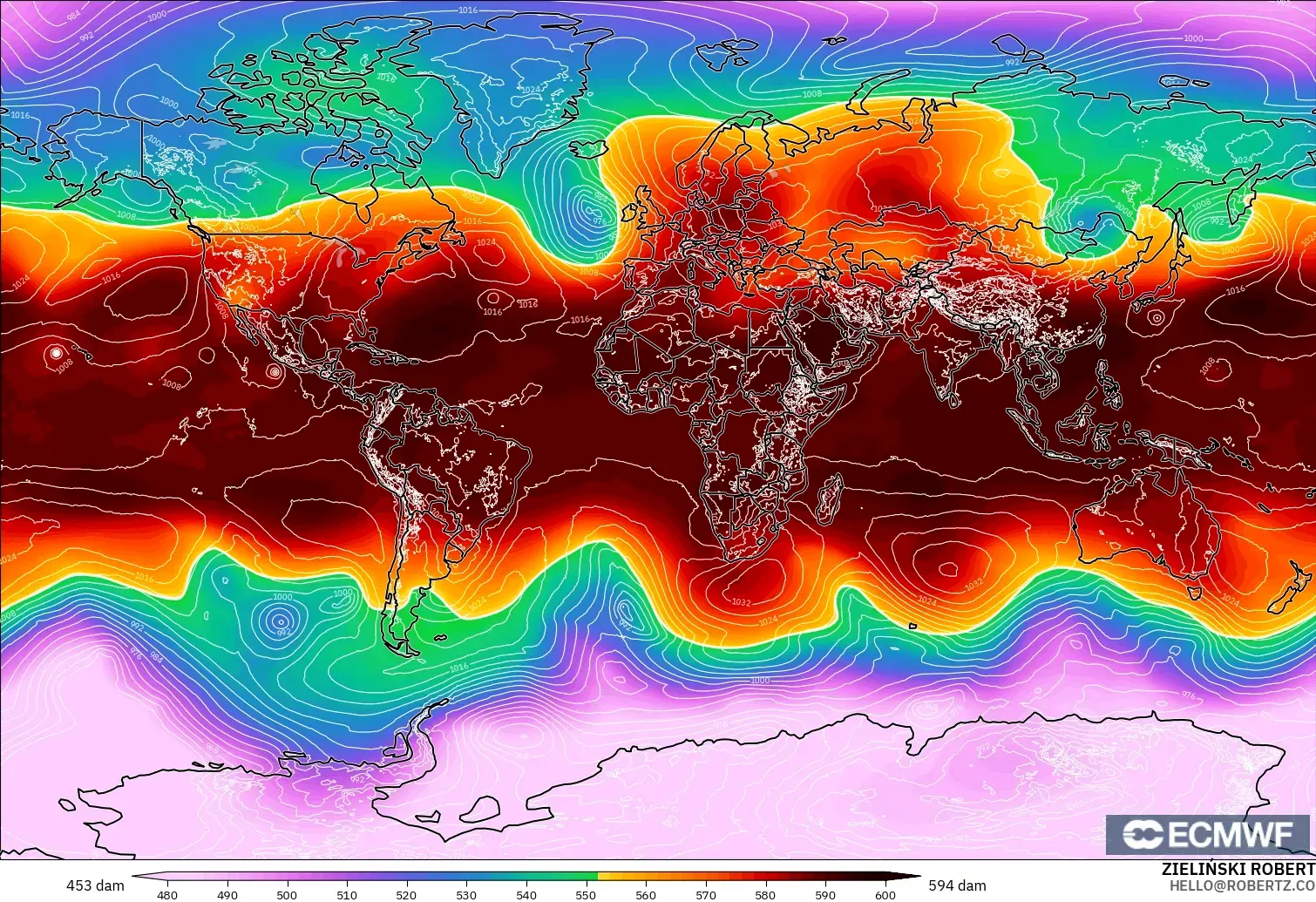 ECMWF IFS 0.25° model - World, Geopotential height at 500hPa