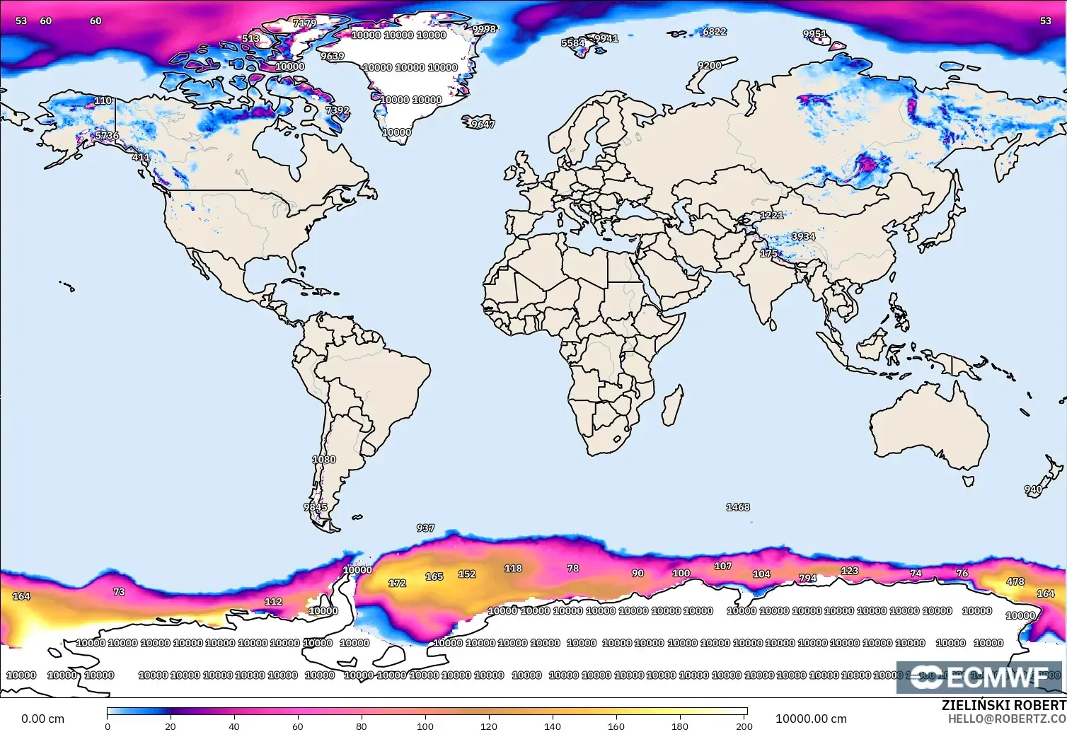 ECMWF IFS 0.25° model - World, Snow Depth