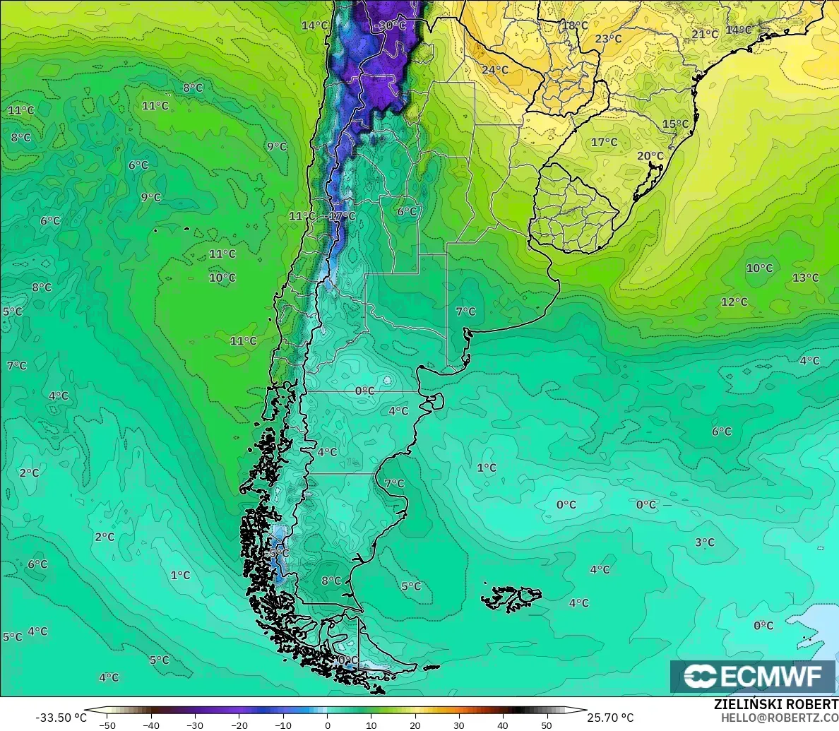ECMWF IFS 0.25° model - Argentina, Dewpoint at 2m