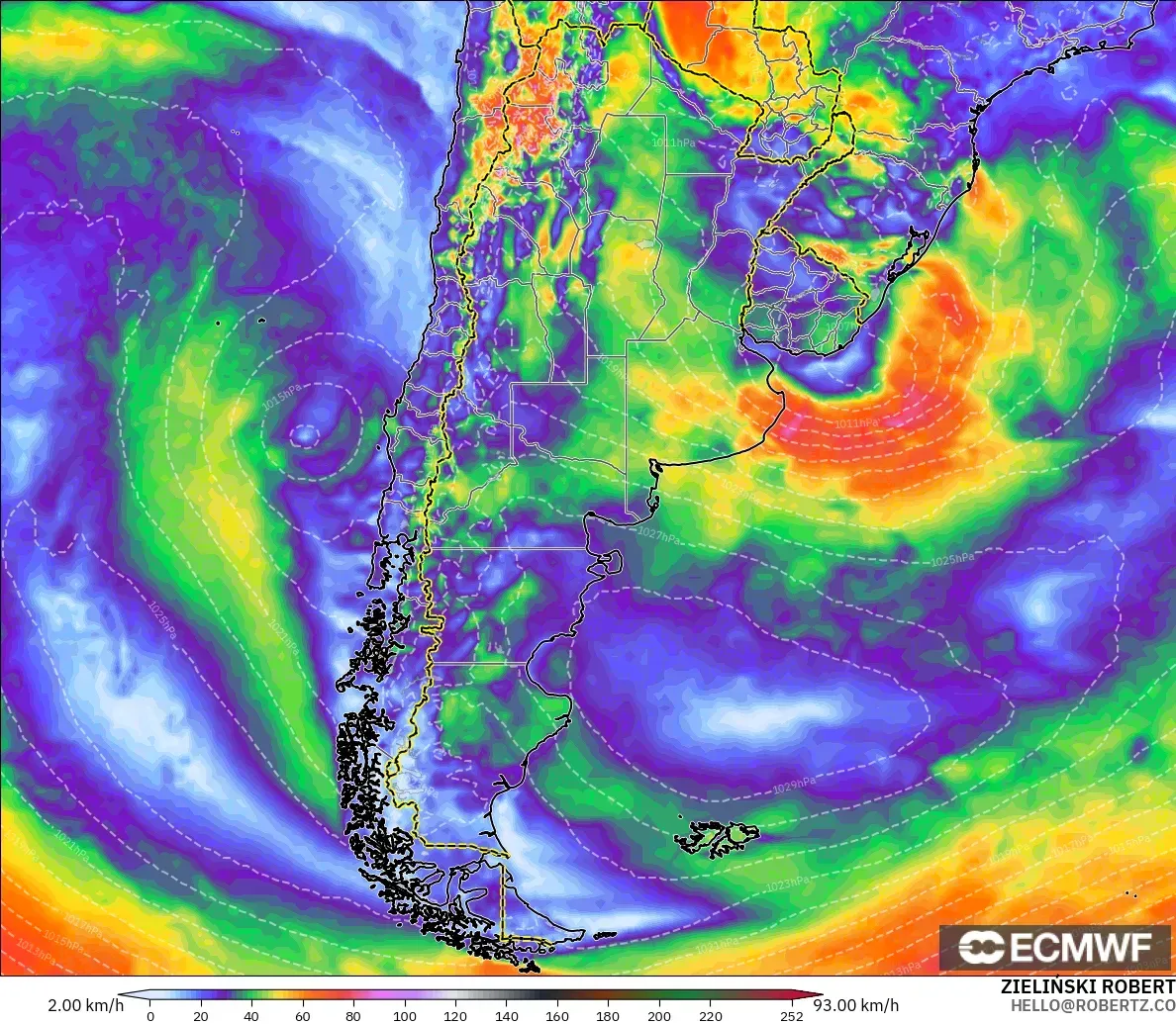 ECMWF IFS 0.25° model - Argentina, Wind Gusts