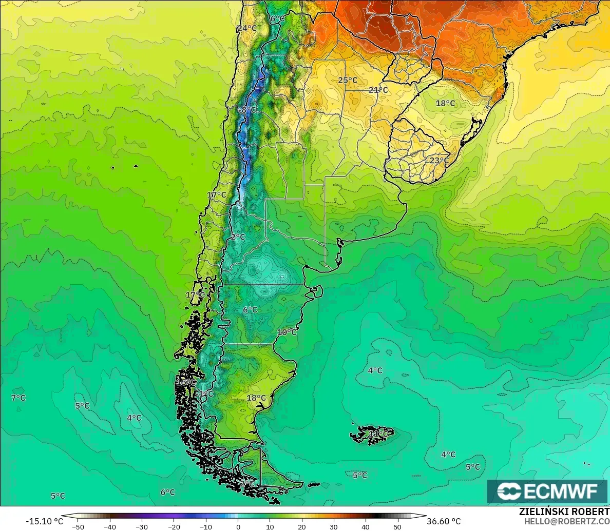 ECMWF IFS 0.25° model - Argentina, Temperature at 2m