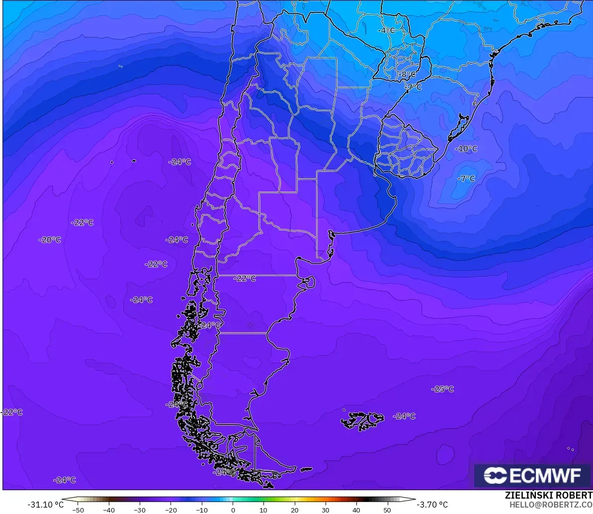 ECMWF IFS 0.25° model - Argentina, Temperature at 500hPa